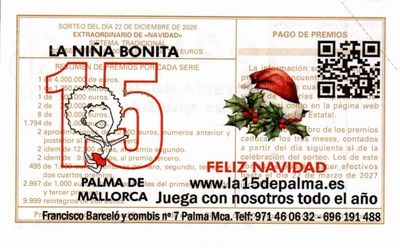 Reverso del d&eacute;cimo 62091 con el sello de la Administraci&oacute;n n&ordm; 15 &laquo;La Ni&ntilde;a Bonita&raquo;, en Palma de Mallorca